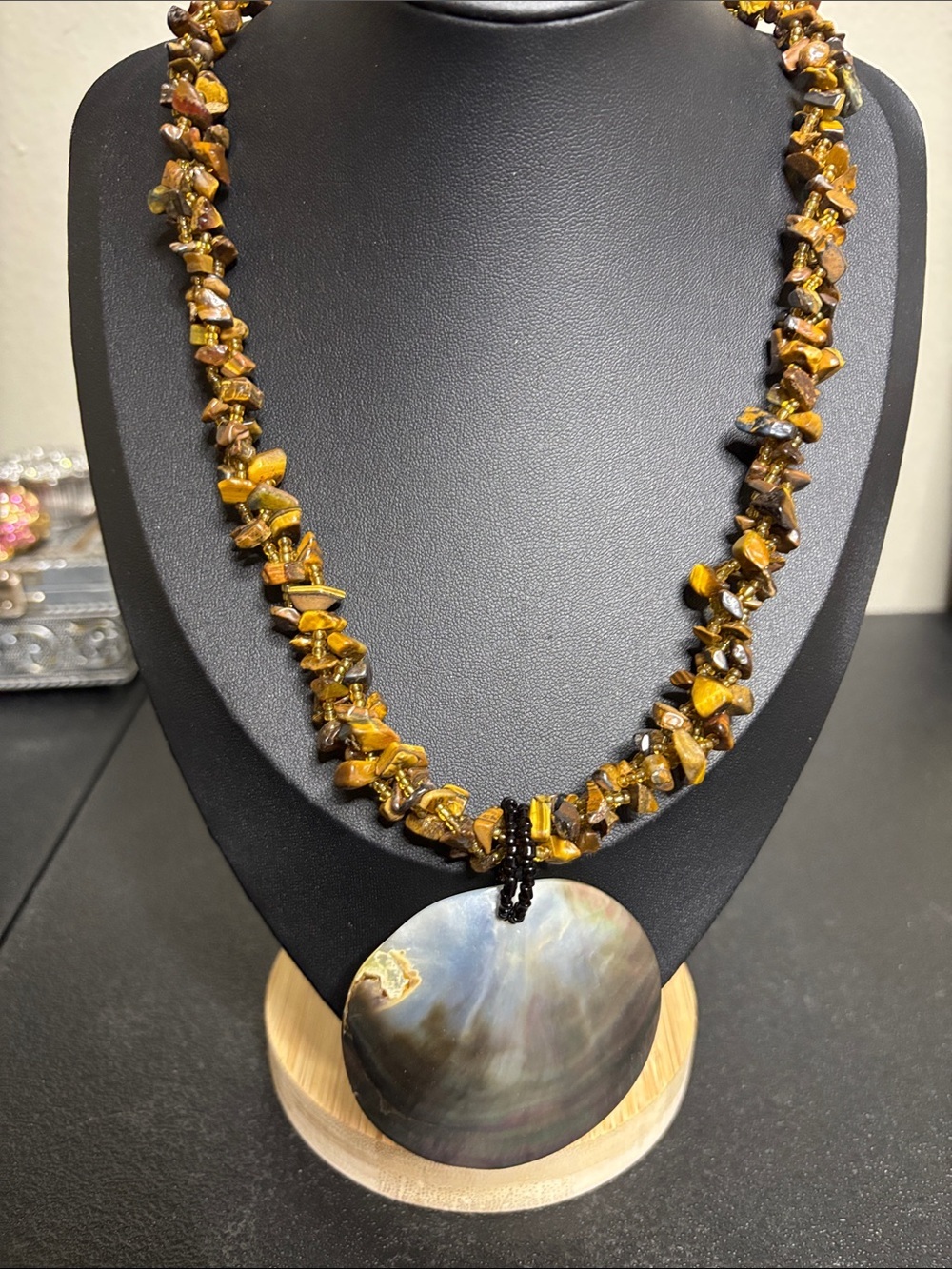 Handcrafted Tiger Eye Chip Necklace Mother of Pearl Iridescent Shell Pendant